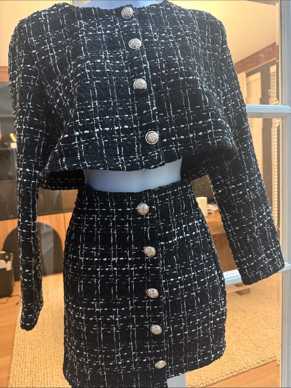 SHEIN Black Tweed Button-Front Mini Skirt Set